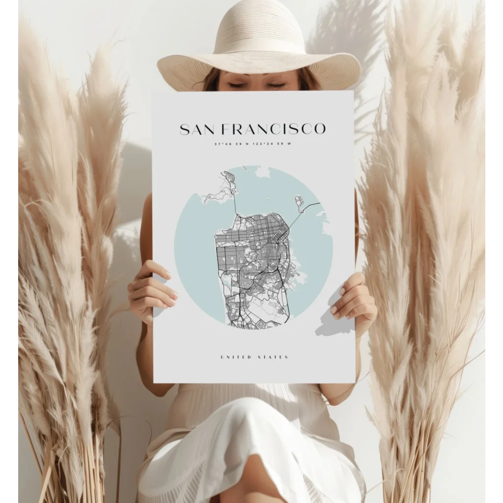 Minimalist San Francisco map on Insigne aluminum print with blue background