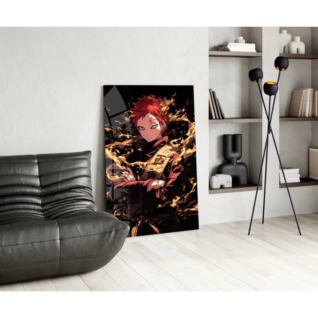 Vibrant anime glass wall art print with fiery red-haired character and swirling orange flames
