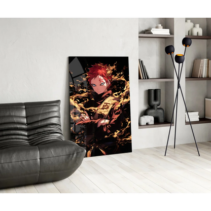 Vibrant anime glass wall art print with fiery red-haired character and swirling orange flames
