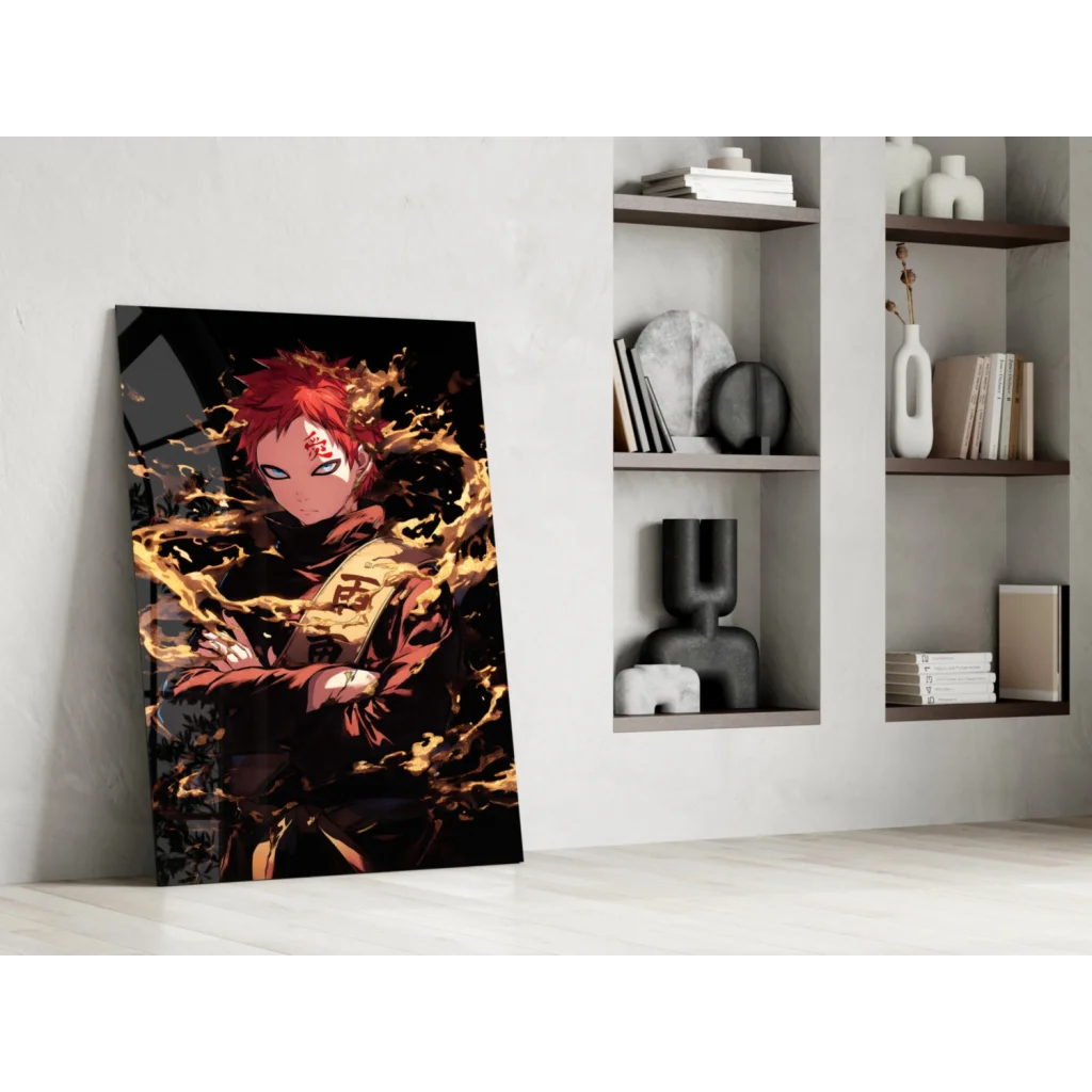 Vibrant red-haired anime glass wall art print with fiery flames