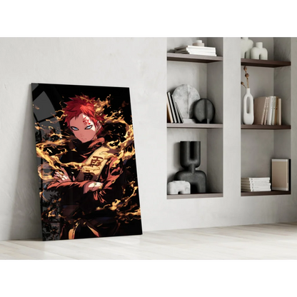 Vibrant red-haired anime glass wall art print with fiery flames