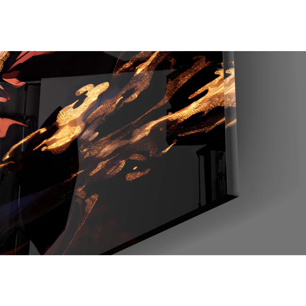 Sleek glass wall art panel with golden abstract design on black background