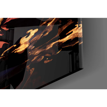 Sleek glass wall art panel with golden abstract design on black background