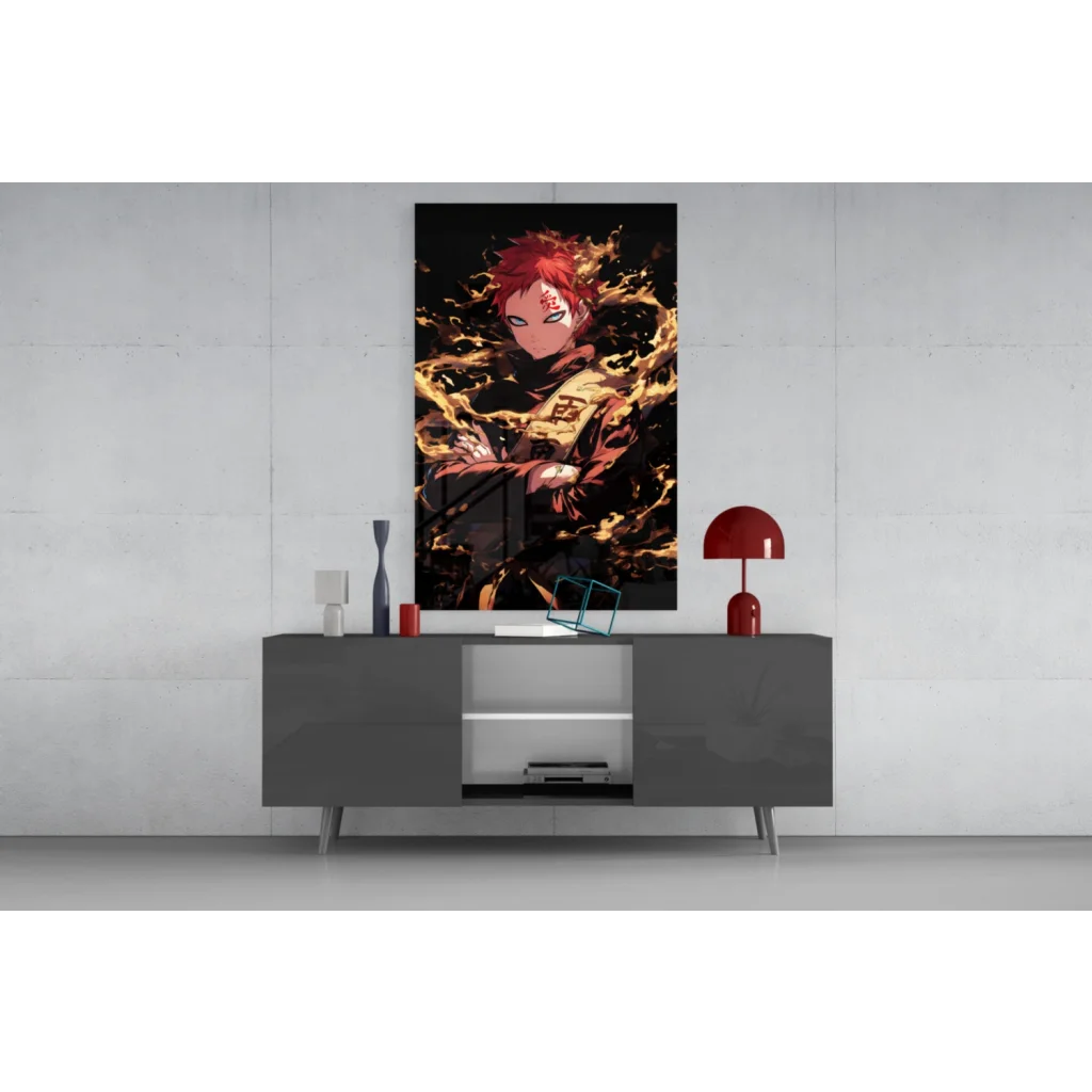 Vibrant red-haired anime glass wall art with fiery flames on gray table