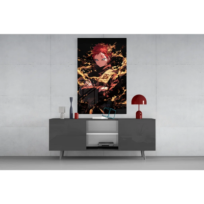 Vibrant red-haired anime glass wall art with fiery flames on gray table