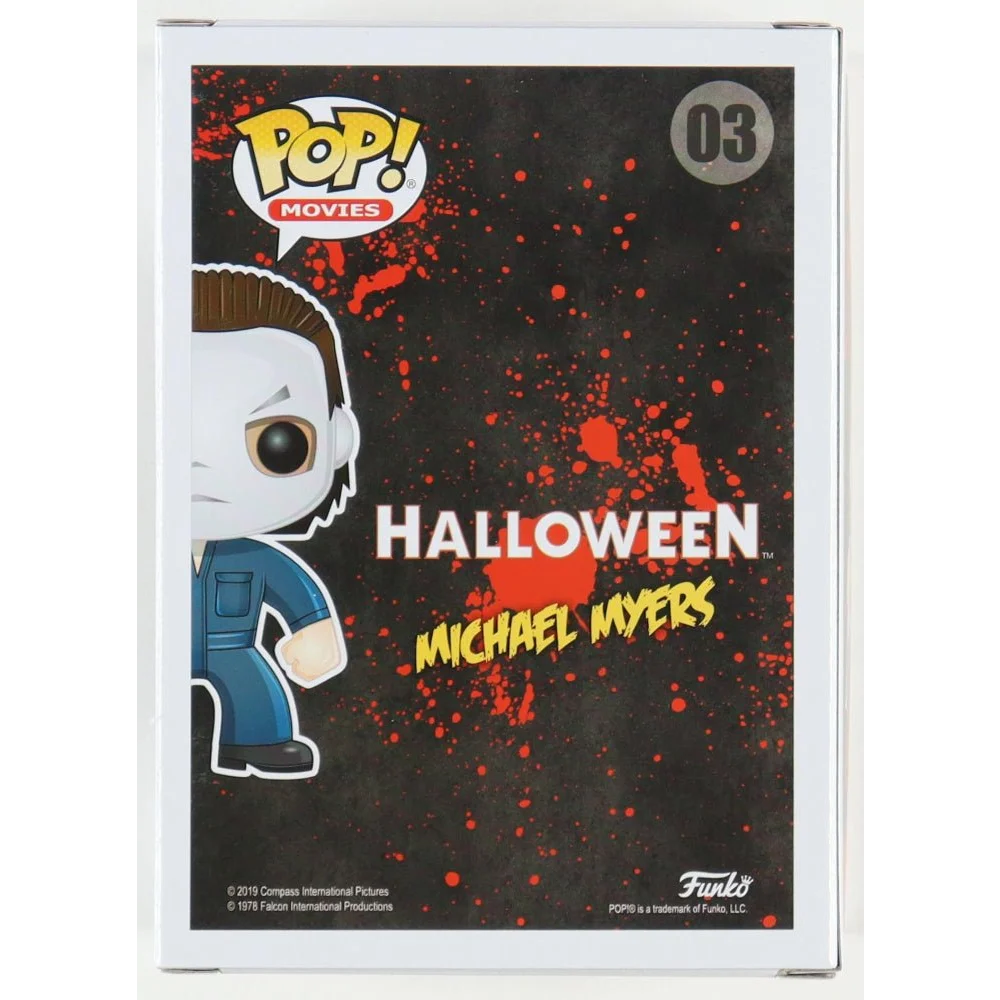 Back of a Funko Pop Movies Michael Myers collectible box with Sandin Signed Michael vinyl figure