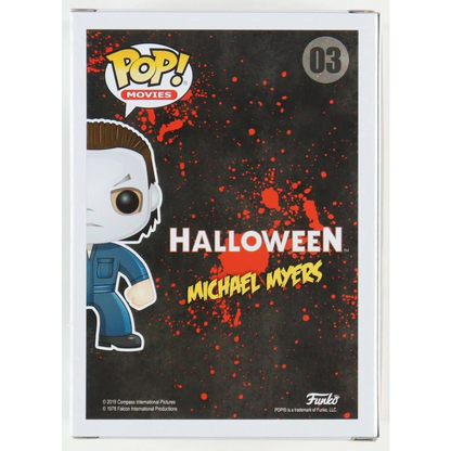 Back of a Funko Pop Movies Michael Myers collectible box with Sandin Signed Michael vinyl figure