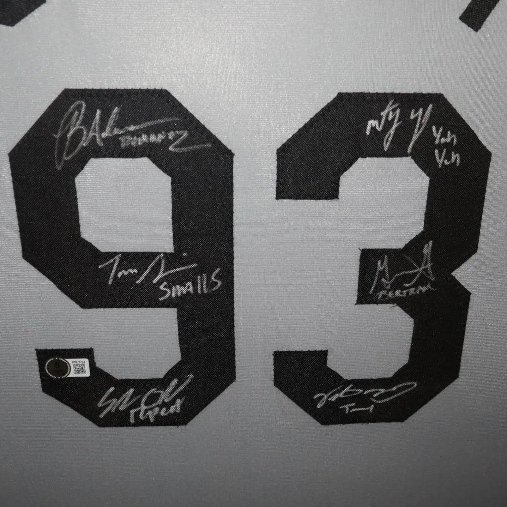 Black number 93 patch on white sandlot cast autographed custom baseball jersey with six signatures and authentication sticker