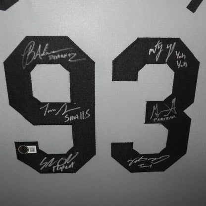 Black number 93 patch on white sandlot cast autographed custom baseball jersey with six signatures and authentication sticker