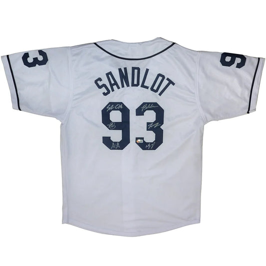 White Sandlot #93 autographed baseball jersey with 6 signatures