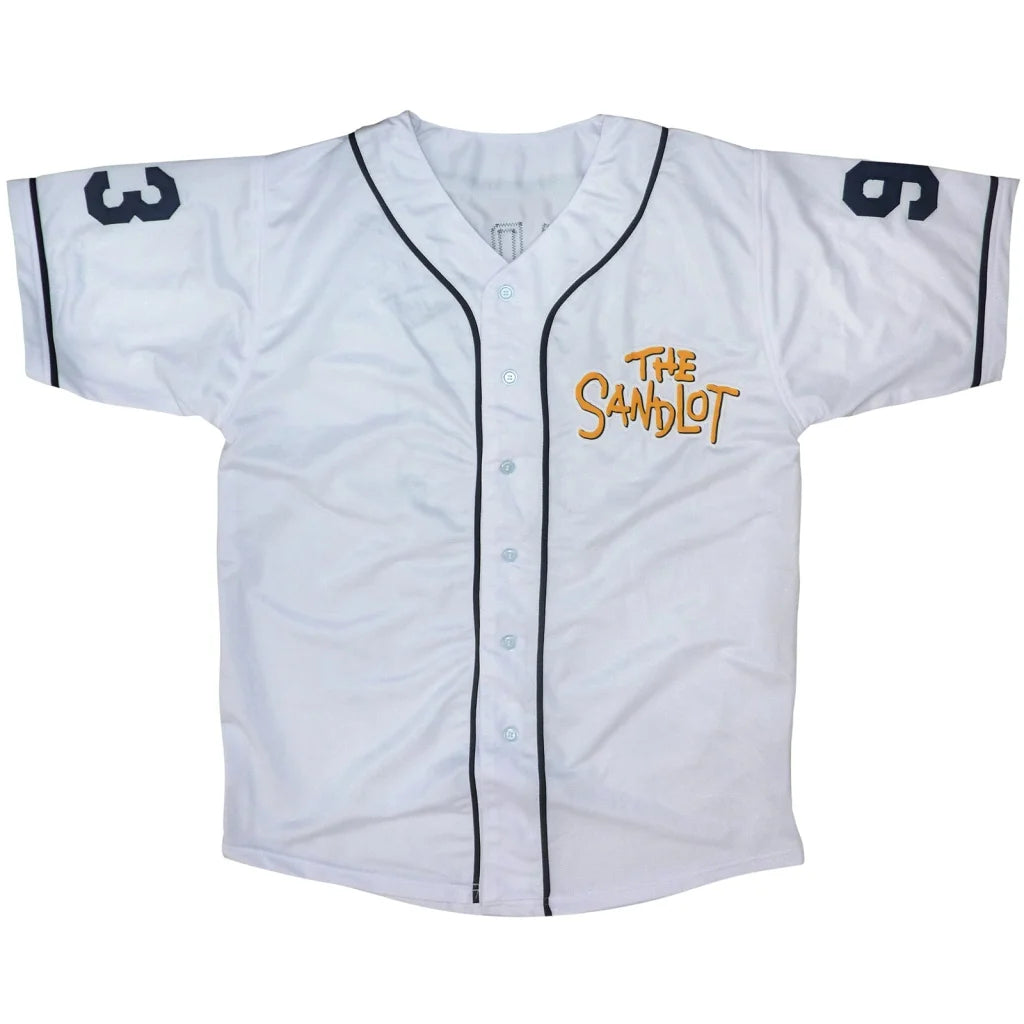 White Sandlot autographed baseball jersey with gold lettering and signatures