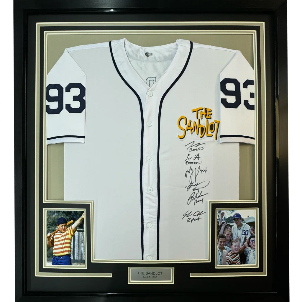 Framed White Baseball Jersey with The Sandlot Logo, Autographs, and Movie Stills