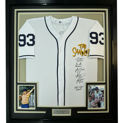 Framed White Baseball Jersey with The Sandlot Logo, Autographs, and Movie Stills