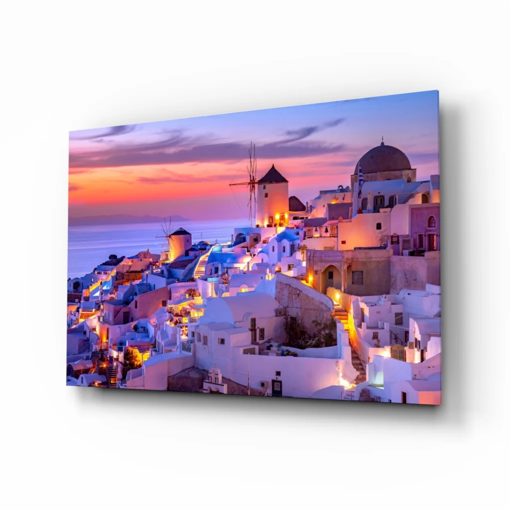 Vibrant Greek sunset glass wall art with whitewashed village windmills