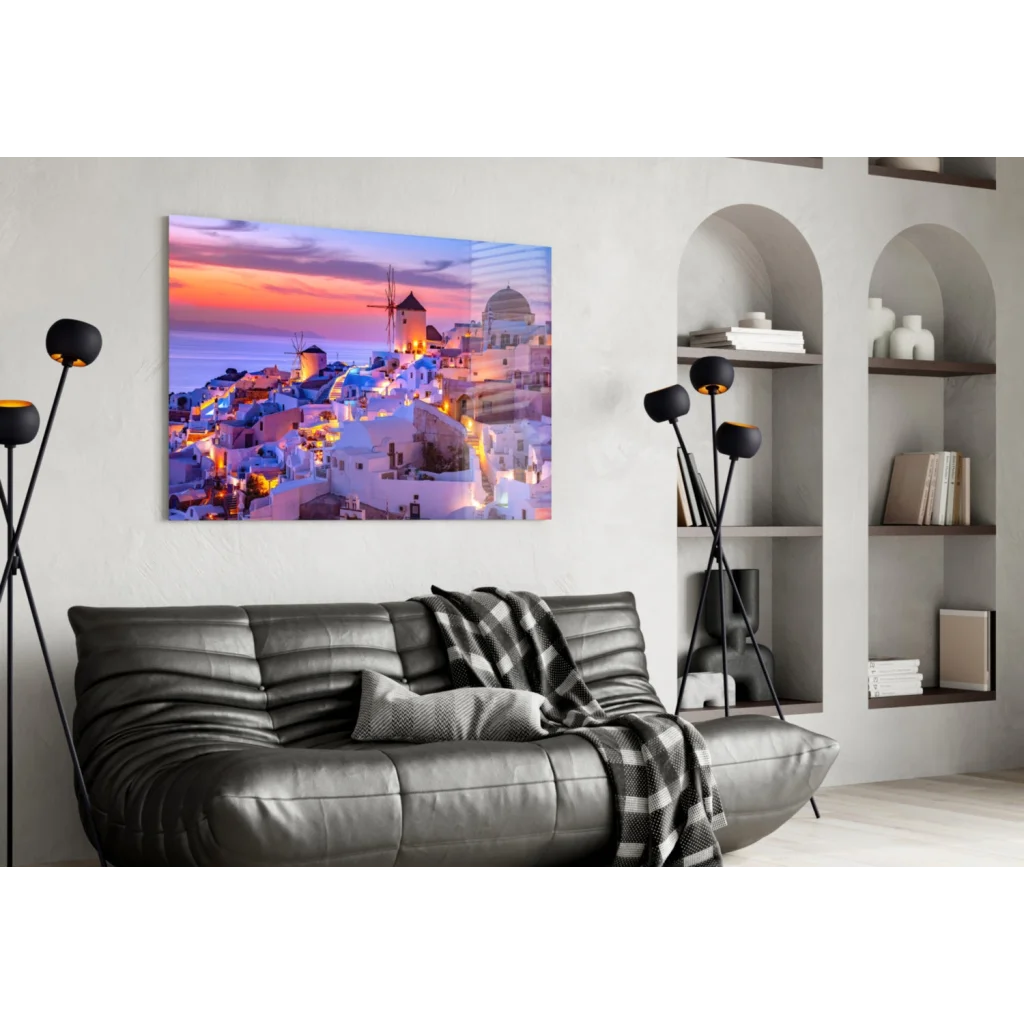 Vibrant Santorini sunset glass wall art with white-washed buildings and windmill