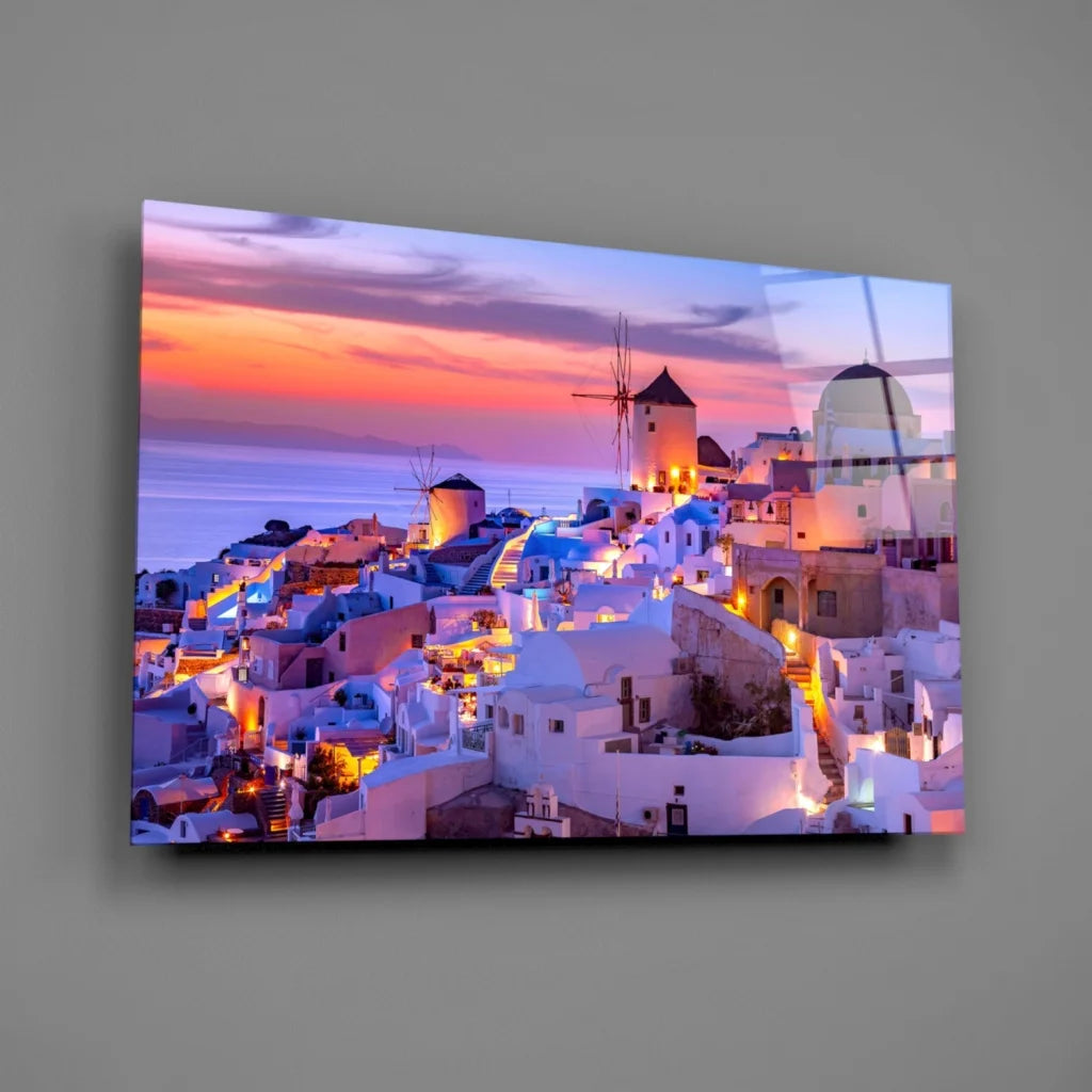 Vibrant Greek sunset glass wall art with windmills and whitewashed buildings