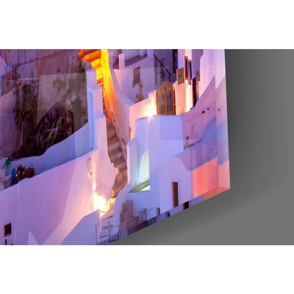 Vibrant Greek sunset glass wall art of whitewashed Mediterranean alleyway at dusk