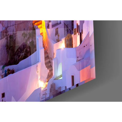 Vibrant Greek sunset glass wall art of whitewashed Mediterranean alleyway at dusk