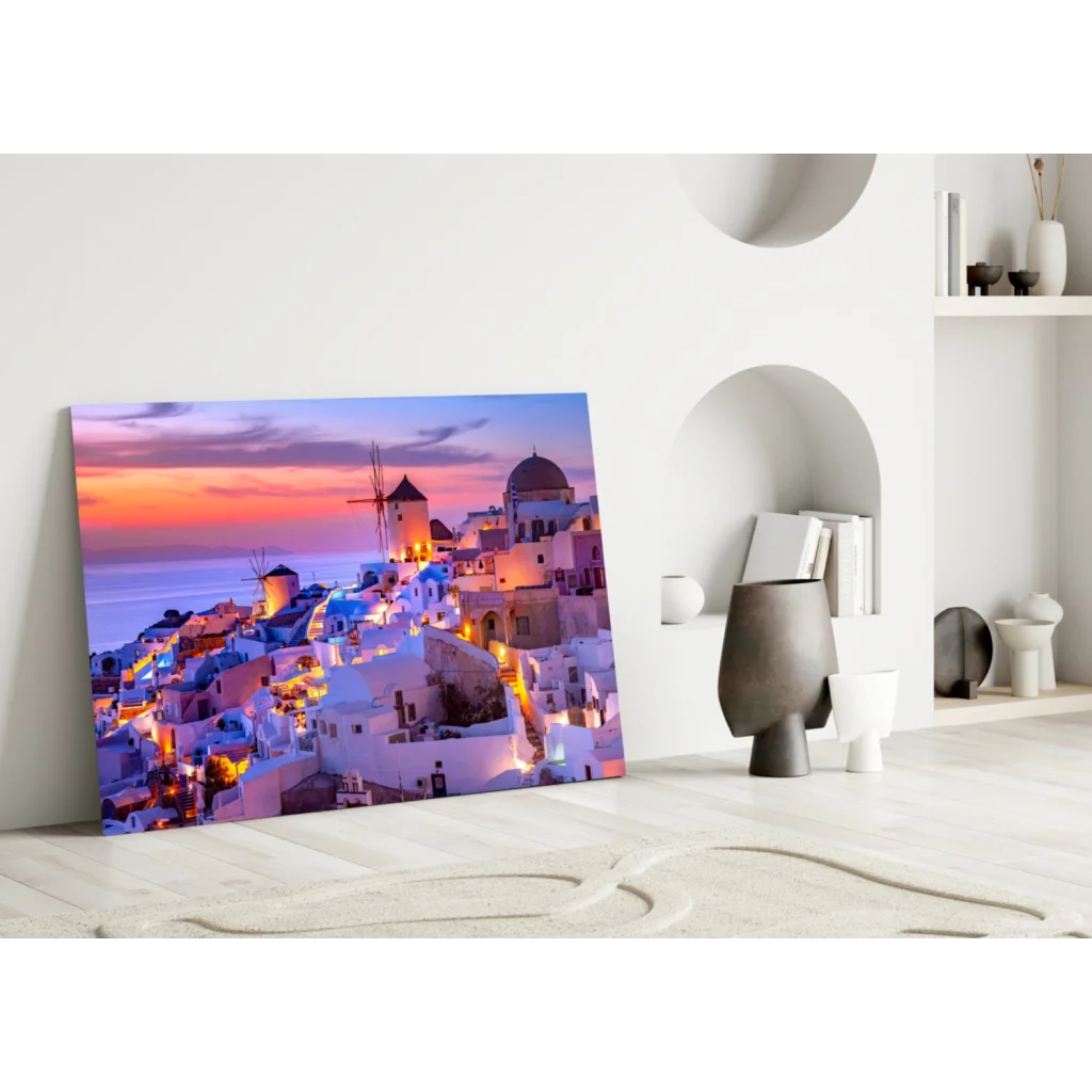 Vibrant Greek sunset glass wall art with whitewashed buildings and windmills