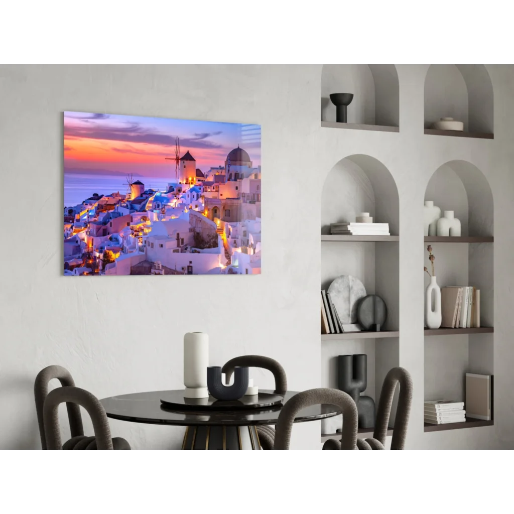 Stunning Santorini sunset glass wall art with windmills