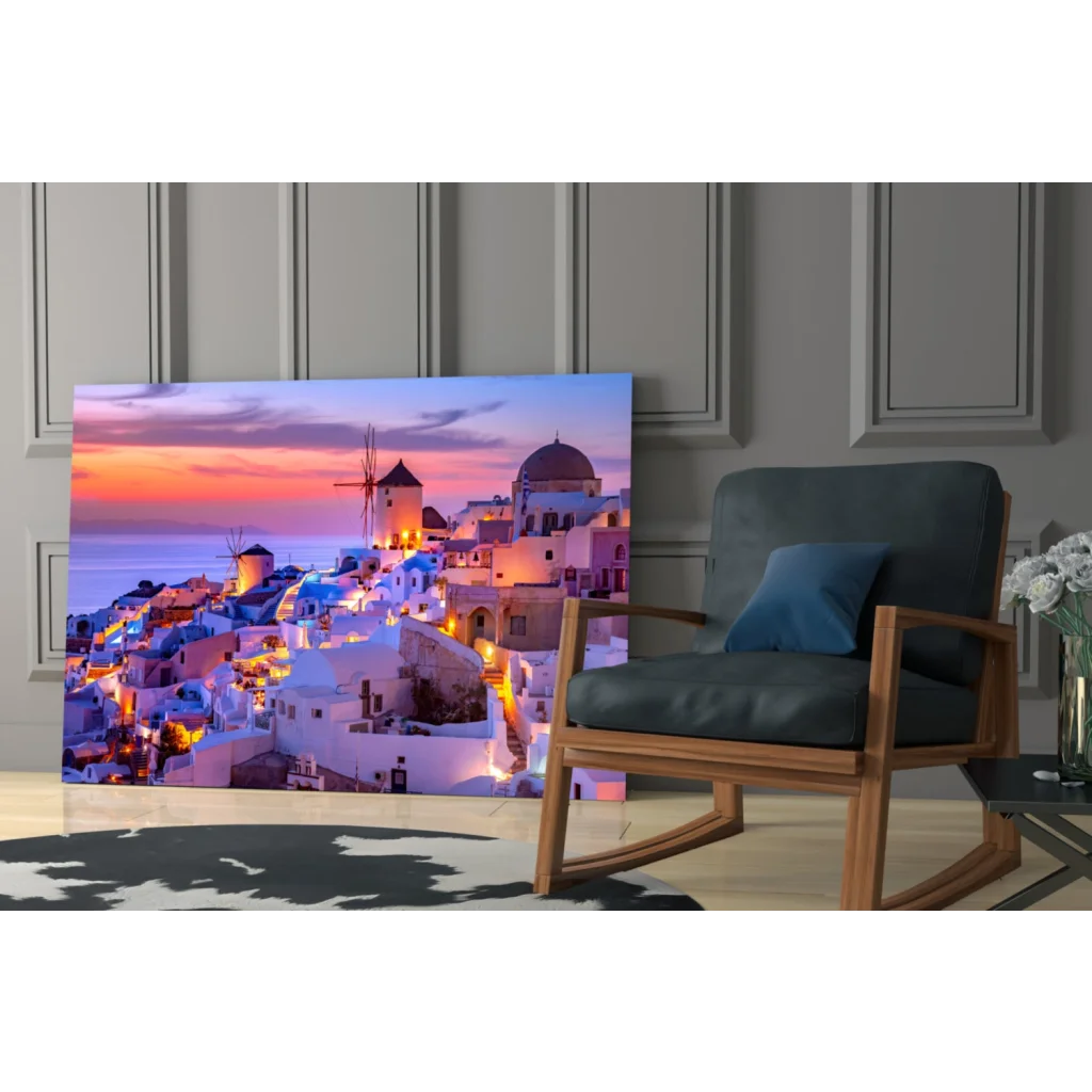 Vibrant Santorini sunset glass wall art with white buildings and windmills