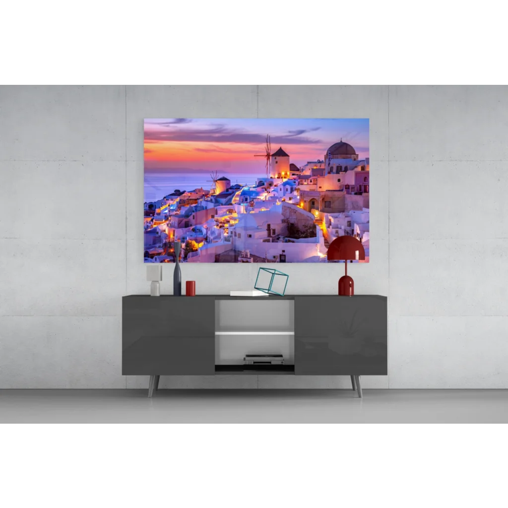 Stunning Santorini sunset glass wall art with windmills