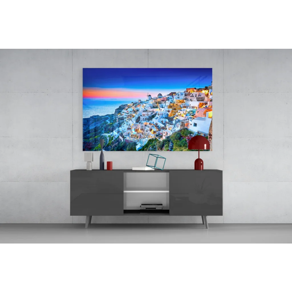 Vibrant Santorini sunset canvas wall art of coastal village