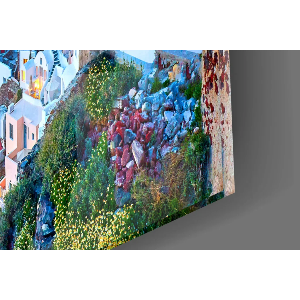 Vibrant Santorini Sunset canvas wall art print of colorful cliffside scene