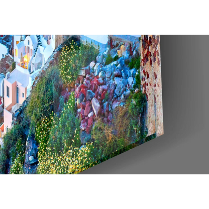 Vibrant Santorini Sunset canvas wall art print of colorful cliffside scene