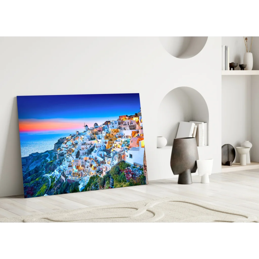 Vibrant Santorini sunset canvas wall art print with whitewashed buildings