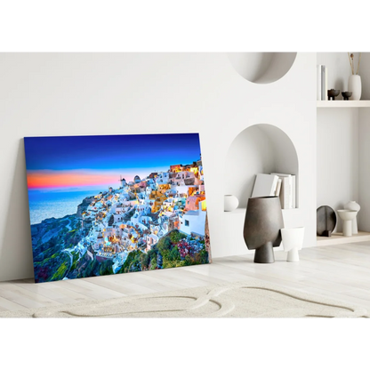 Vibrant Santorini sunset canvas wall art print with whitewashed buildings