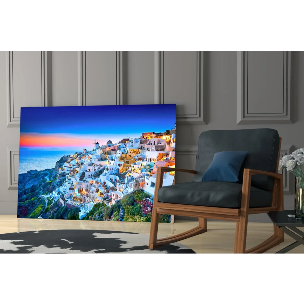 Santorini sunset canvas wall art of coastal town at twilight