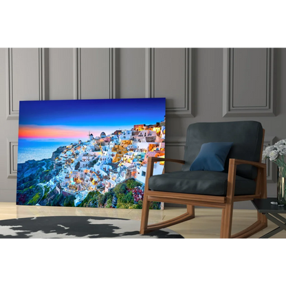 Santorini sunset canvas wall art of coastal town at twilight