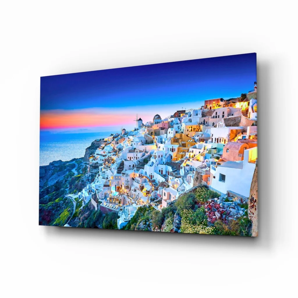 Santorini sunset canvas wall art of twilight cliffside buildings