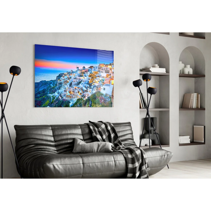 Santorini sunset canvas wall art with vibrant blue orange sky over cliffside buildings