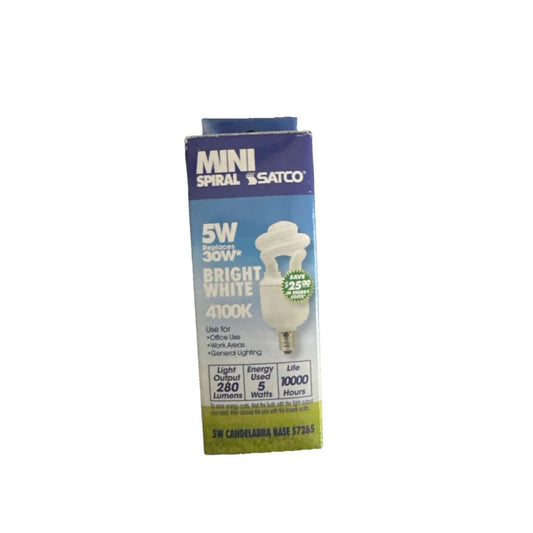 Satco 5W replaces 30Ultra mini spiral candelabra base LED bulb in packaging