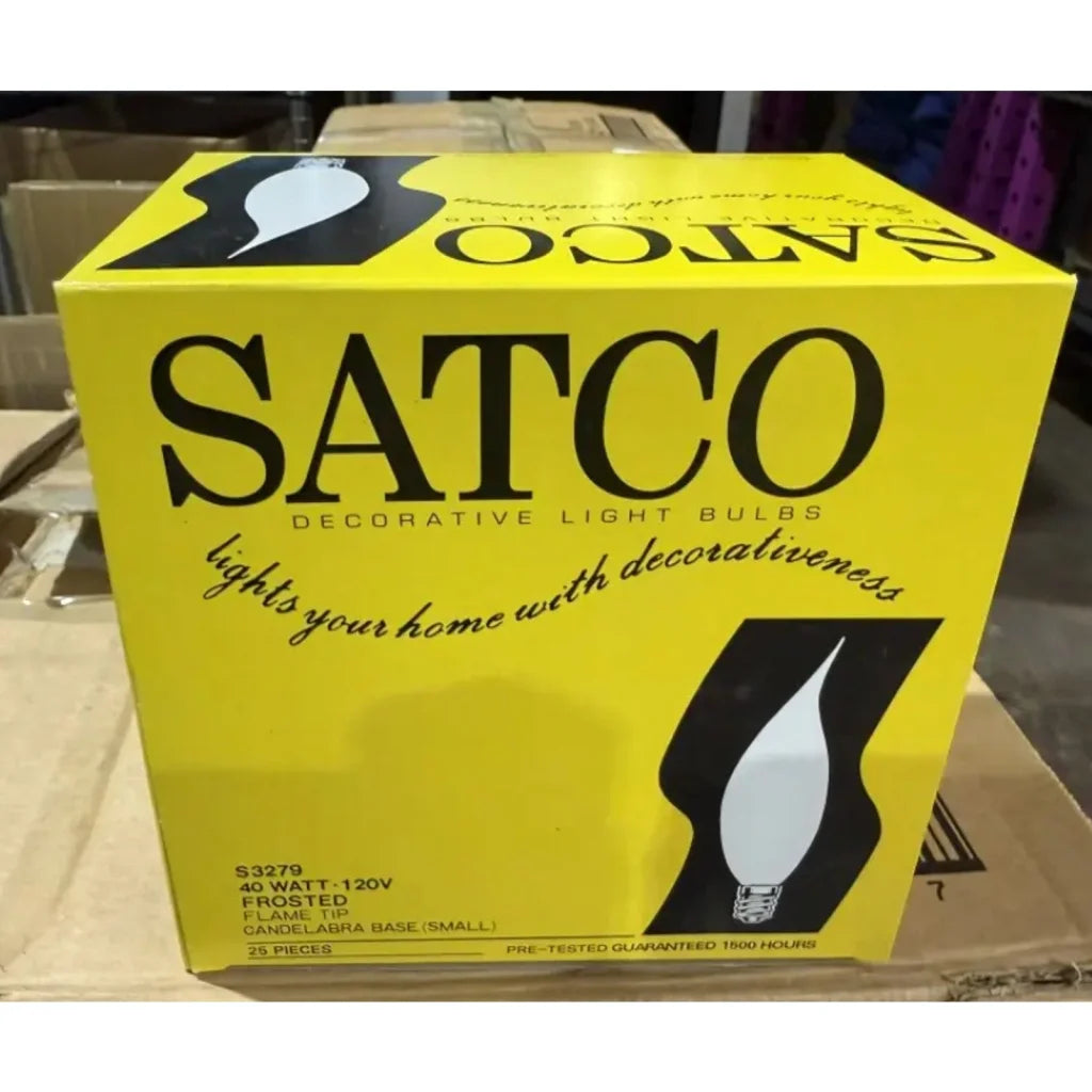 Satco S3279 candelabra base bulbs, bright yellow 40W frosted flame tip pack