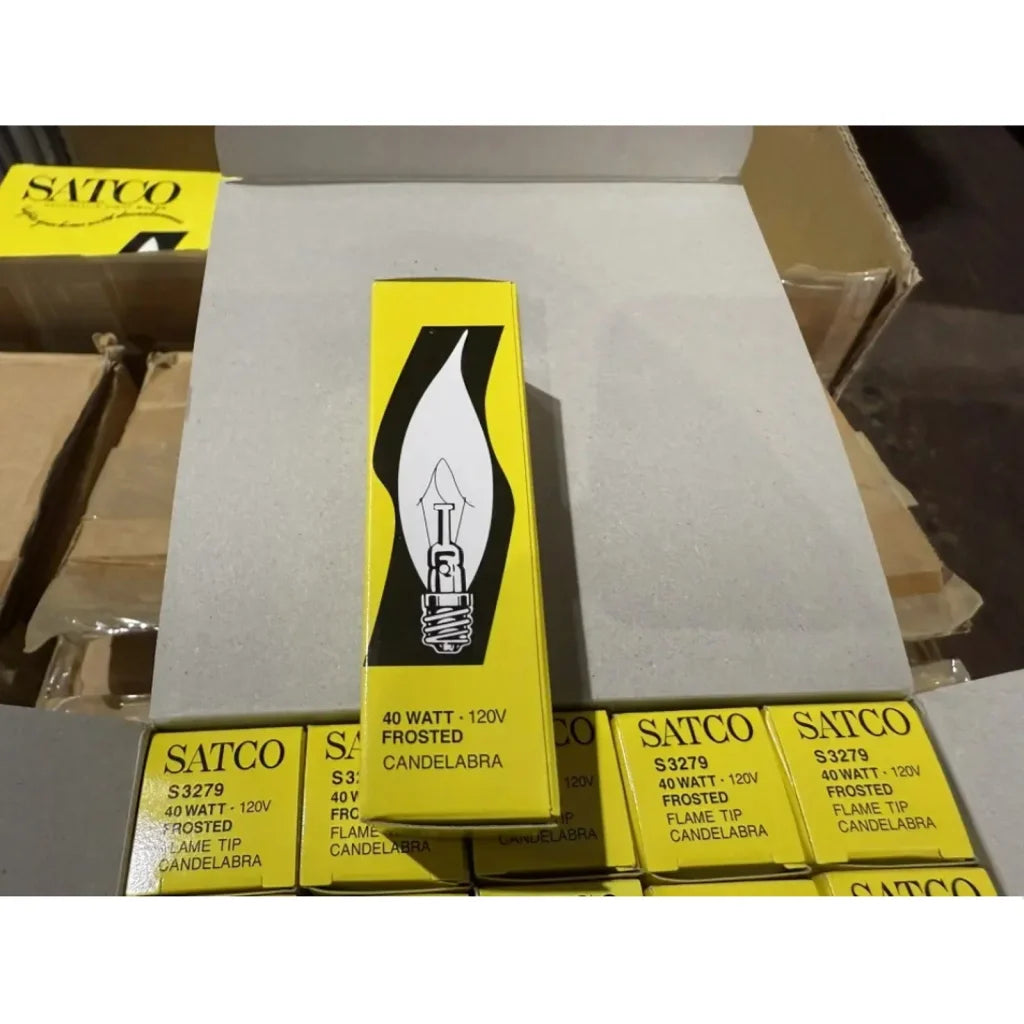 Satco S3279 candelabra base bulbs 40W frosted flame tip in packaging