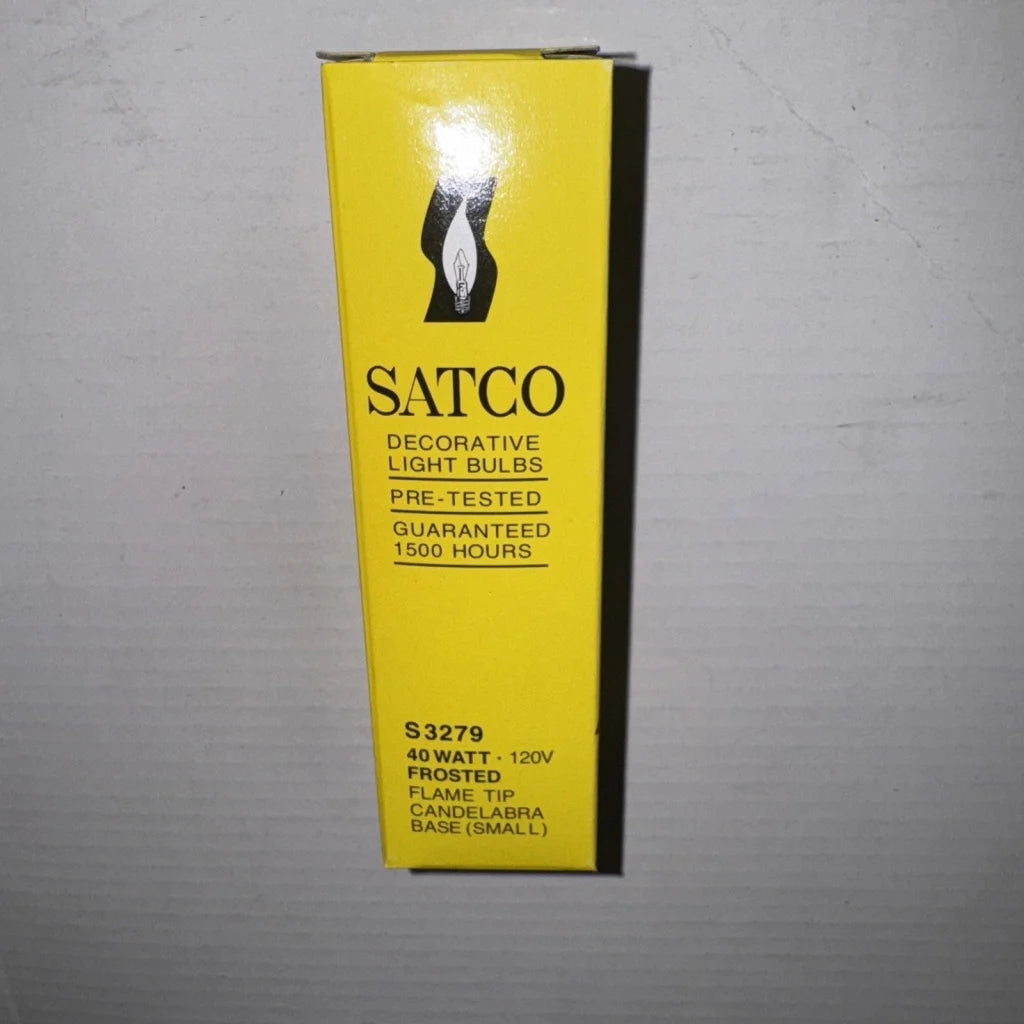 Satco S3279 candelabra base bulbs bright yellow box with logo