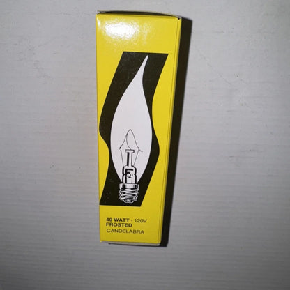 Satco S3279 candelabra base 40W frosted flame tip bulb box