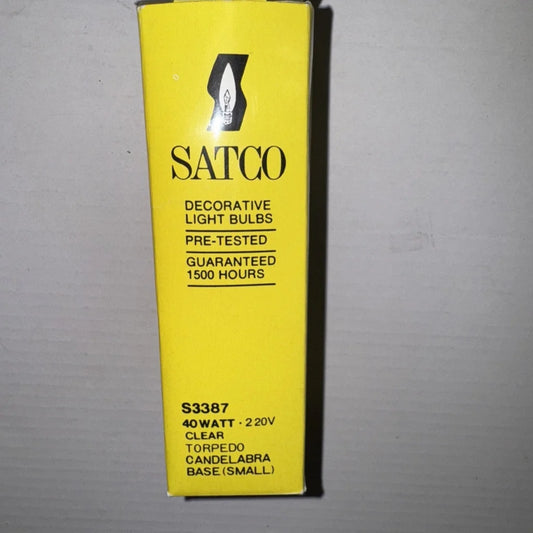 Satco S3387 40watt clear torpedo light bulb in bright yellow box