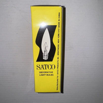 Satco S3387 40watt clear torpedo light bulb in yellow box with bulb silhouette