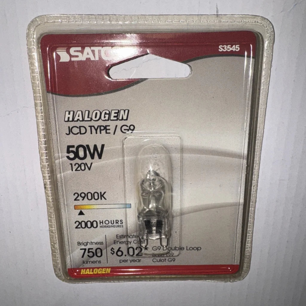 Satco S3545 50W G9 base light bulb, clear, red white package