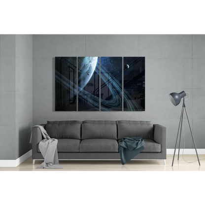 Glowing Blue Planet Glass Wall Art Space Triptych Panels | Modern Wall Art Decor | vintageantiquesgifts.com