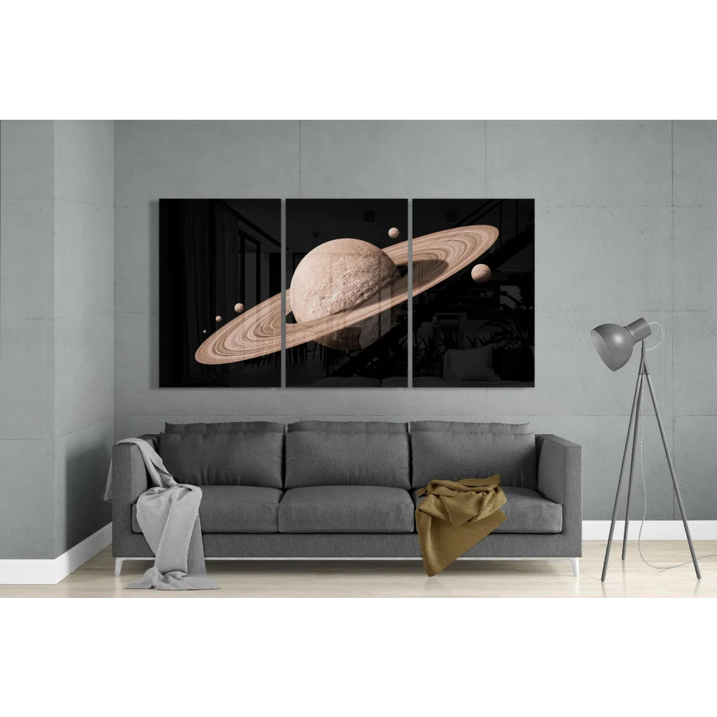 Black-and-brown Saturn glass wall art triptych set