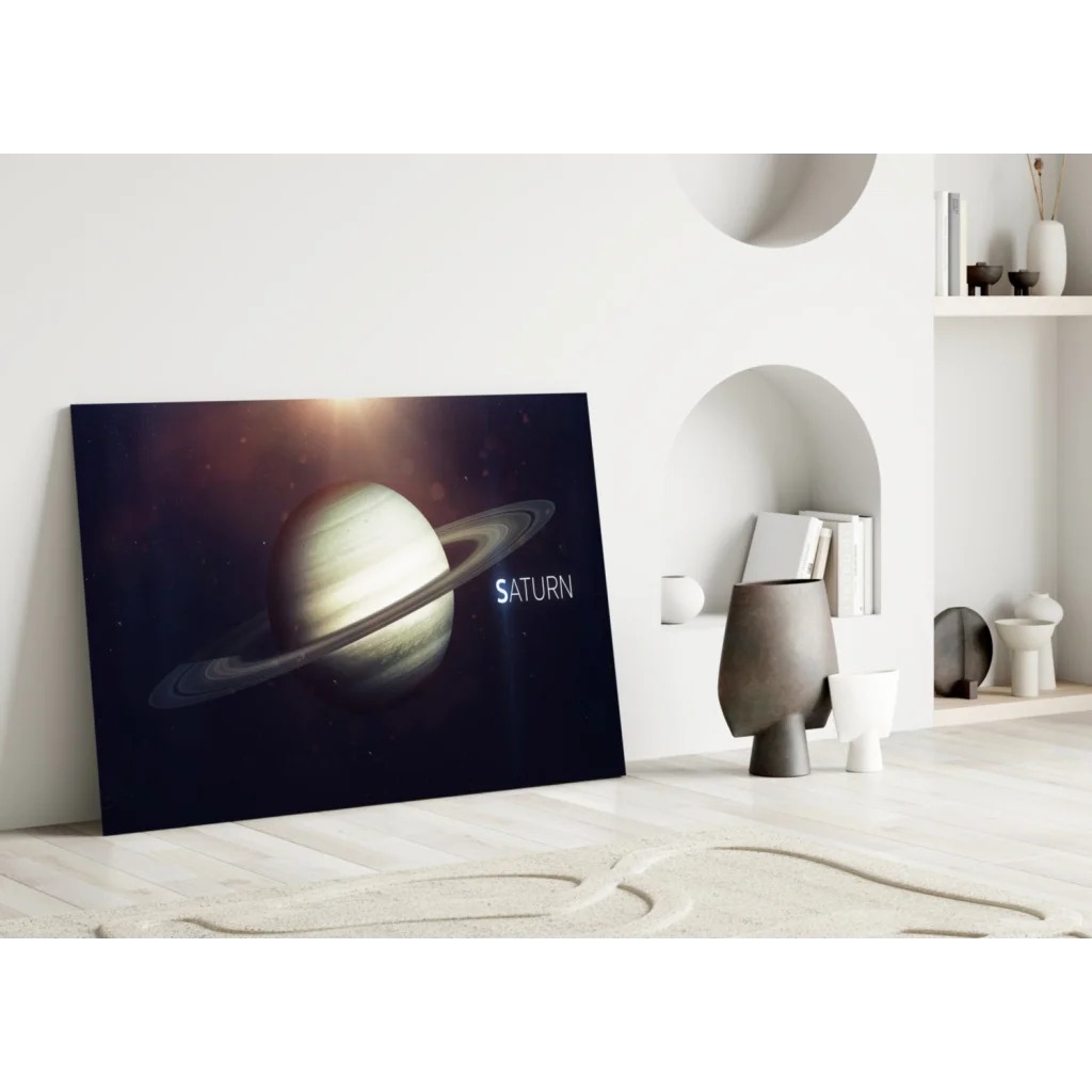 Sleek black Saturn planet canvas wall art with rings and stars