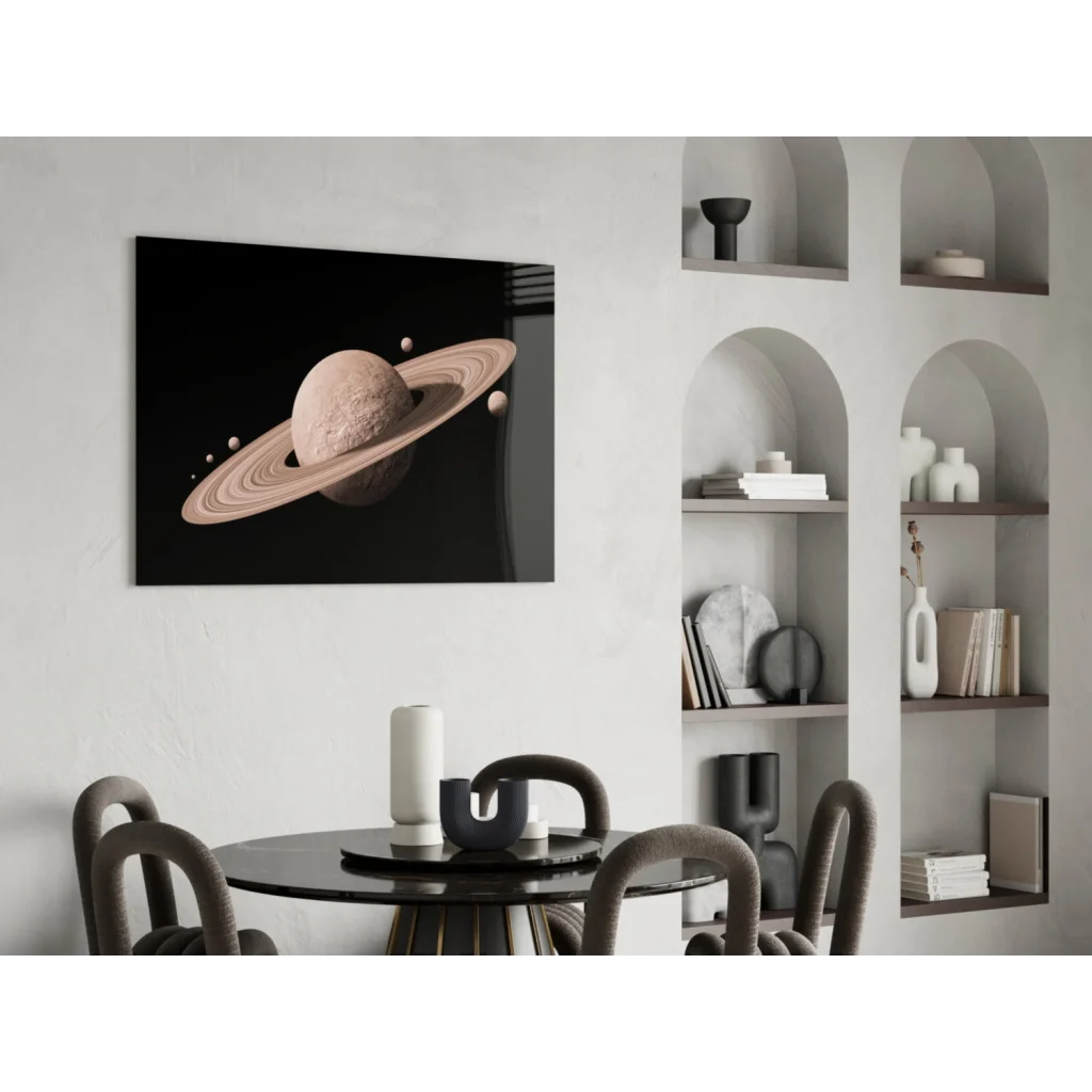 Sleek black-framed Saturn rings canvas wall art print with moons
