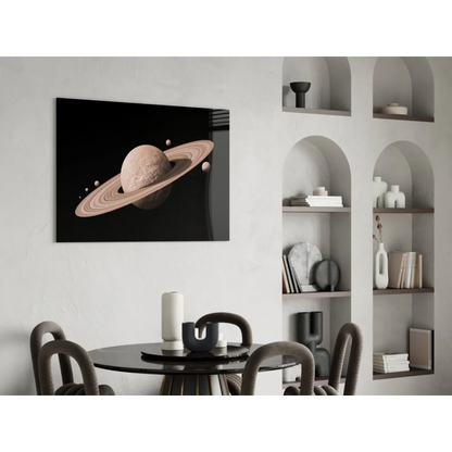 Sleek black-framed Saturn rings canvas wall art print with moons