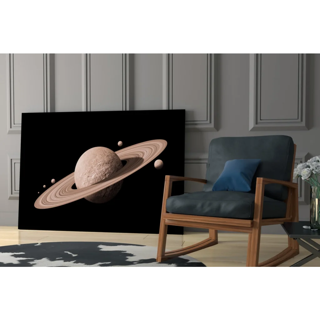 Framed Saturn rings canvas wall art print with moons and planets