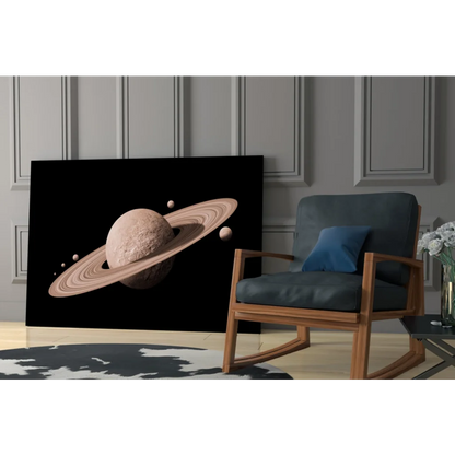 Framed Saturn rings canvas wall art print with moons and planets